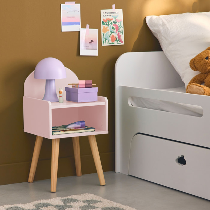 Table de chevet chambre enfant. rose. pieds en pin