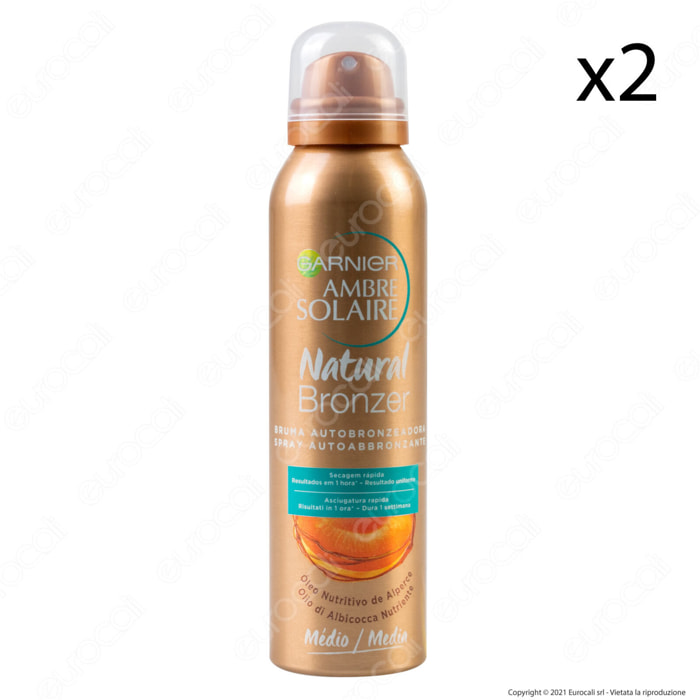 2x Spray Autoabbronzante Tonalità Media Ambre Solaire Natural Bronzer con Olio di Albicocca Nutriente ad Assorbimento Rapido e Lunga Tenuta - 2 Flaconi da 150ml