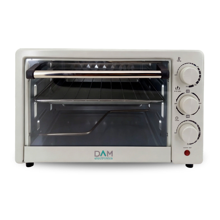 Horno eléctrico de sobremesa con 25 litros de capacidad. Panel de control mecánico y 1300 W de potencia.