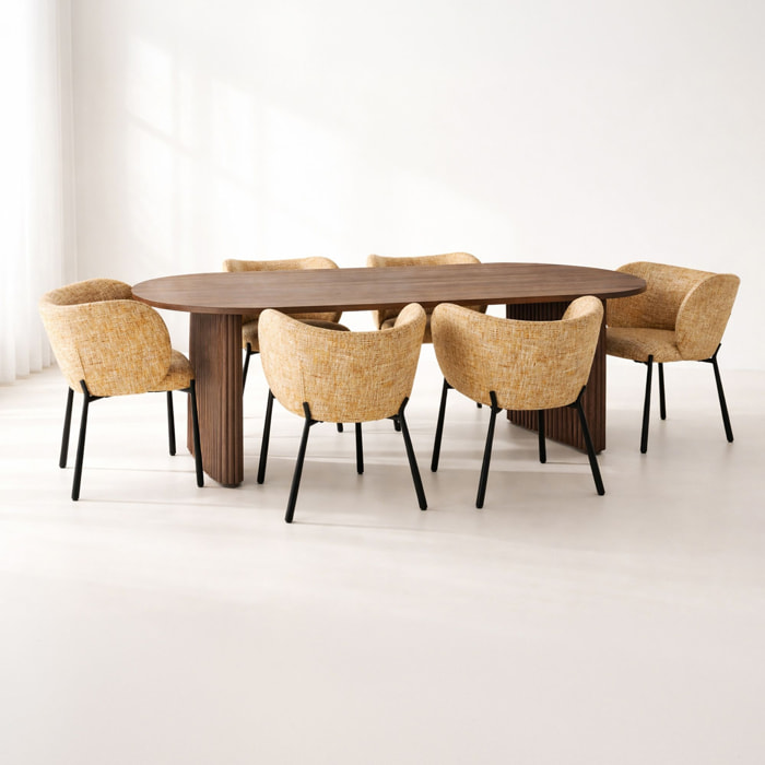 Ensemble table 230cm effet noyer et 6 chaises en tissu ocre SUZAN