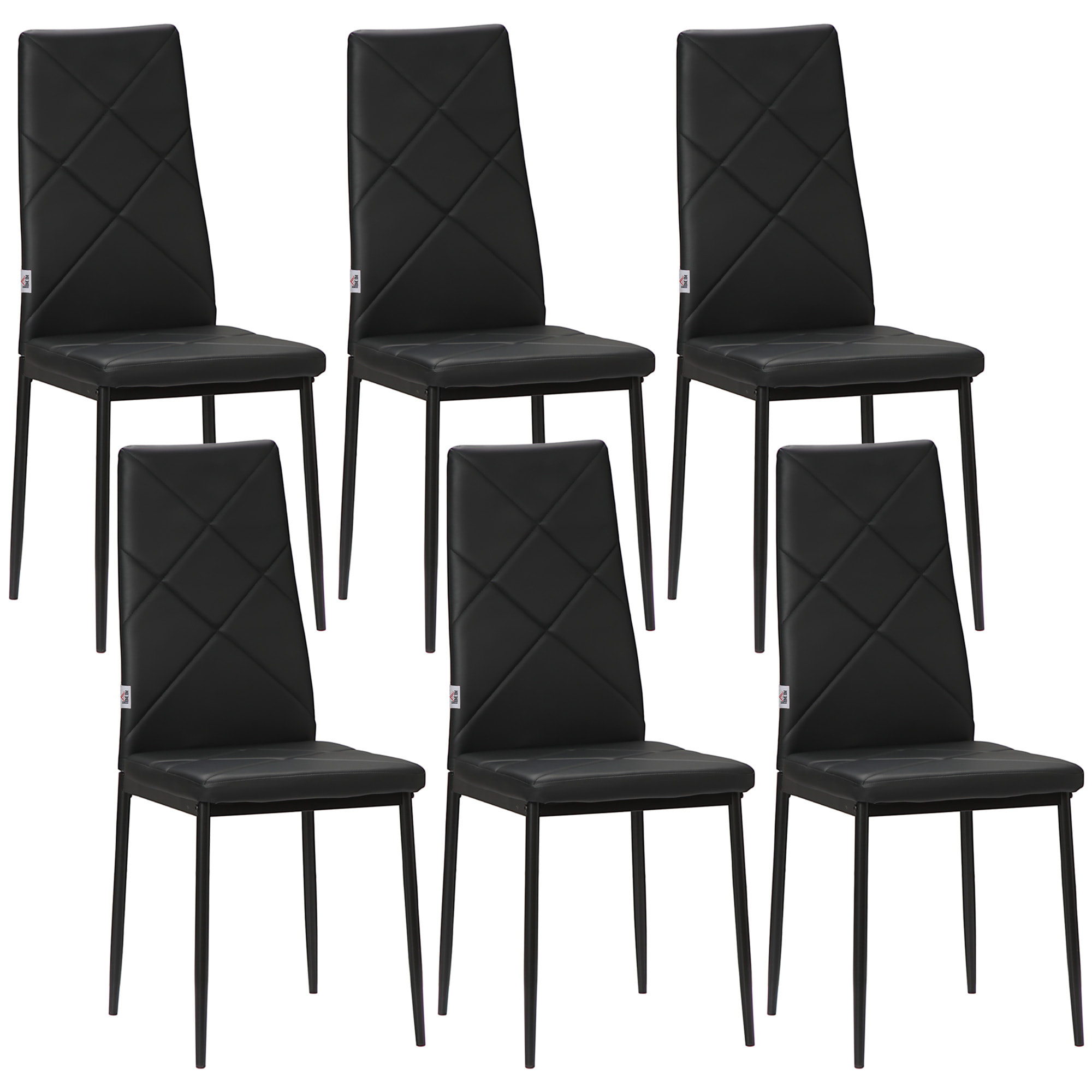 Pack de 6 Sillas de Comedor, Sillas de Cocina Modernas, Tapizadas de Cuero Sintético, Respaldo Alto, Asiento Acolchado, Patas de Acero, Negro