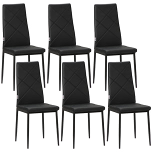 Pack de 6 Sillas de Comedor, Sillas de Cocina Modernas, Tapizadas de Cuero Sintético, Respaldo Alto, Asiento Acolchado, Patas de Acero, Negro