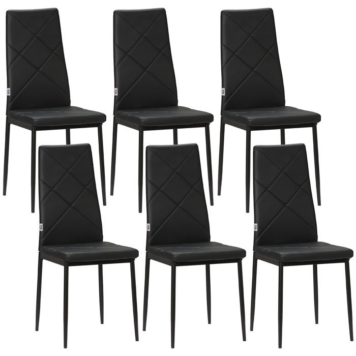 Pack de 6 Sillas de Comedor, Sillas de Cocina Modernas, Tapizadas de Cuero Sintético, Respaldo Alto, Asiento Acolchado, Patas de Acero, Negro