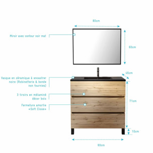 Meuble salle de bains 80cm décor chene naturel 3 tiroirs - Vasque noire et Miroir - TIMBER