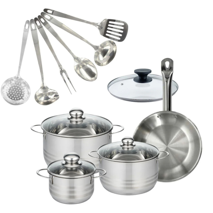 Set 1 poêle 24 cm en inox et couvercle, 3 faitouts inox 16, 20 et 24 cm et 6 ustensiles inox Fackelmann Eterna