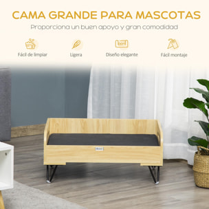 Cama de Madera para Perros Gatos Cama Cesta para Mascotas Pequeñas con Cojín Acolchado Asas y Patas de Acero 70x45x32 cm Roble y Negro