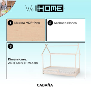 Cama infantil cabaña 200x90cm con plataforma color blanco - Well home Kids