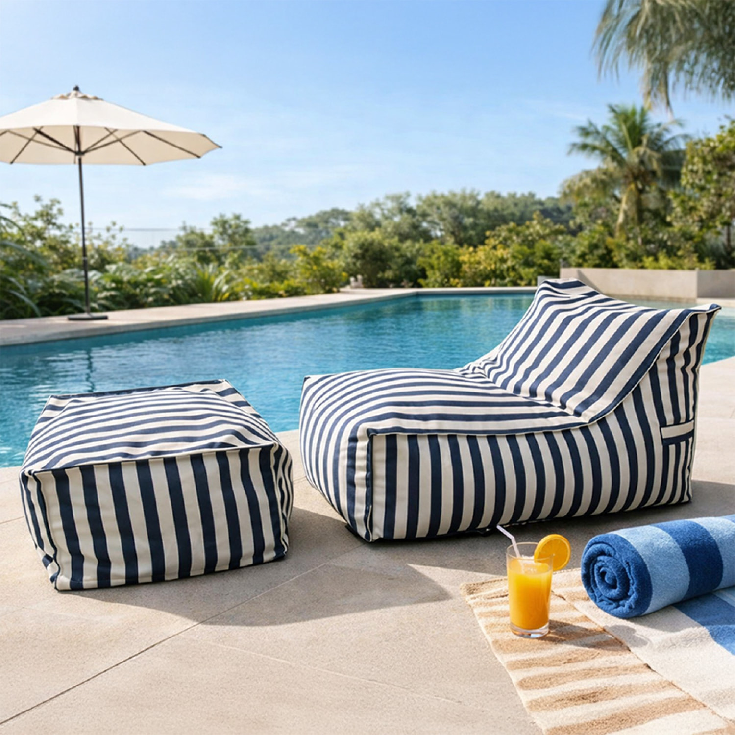 BOLOGNE Ensemble de poufs d’extérieur rayés bleu déperlant et