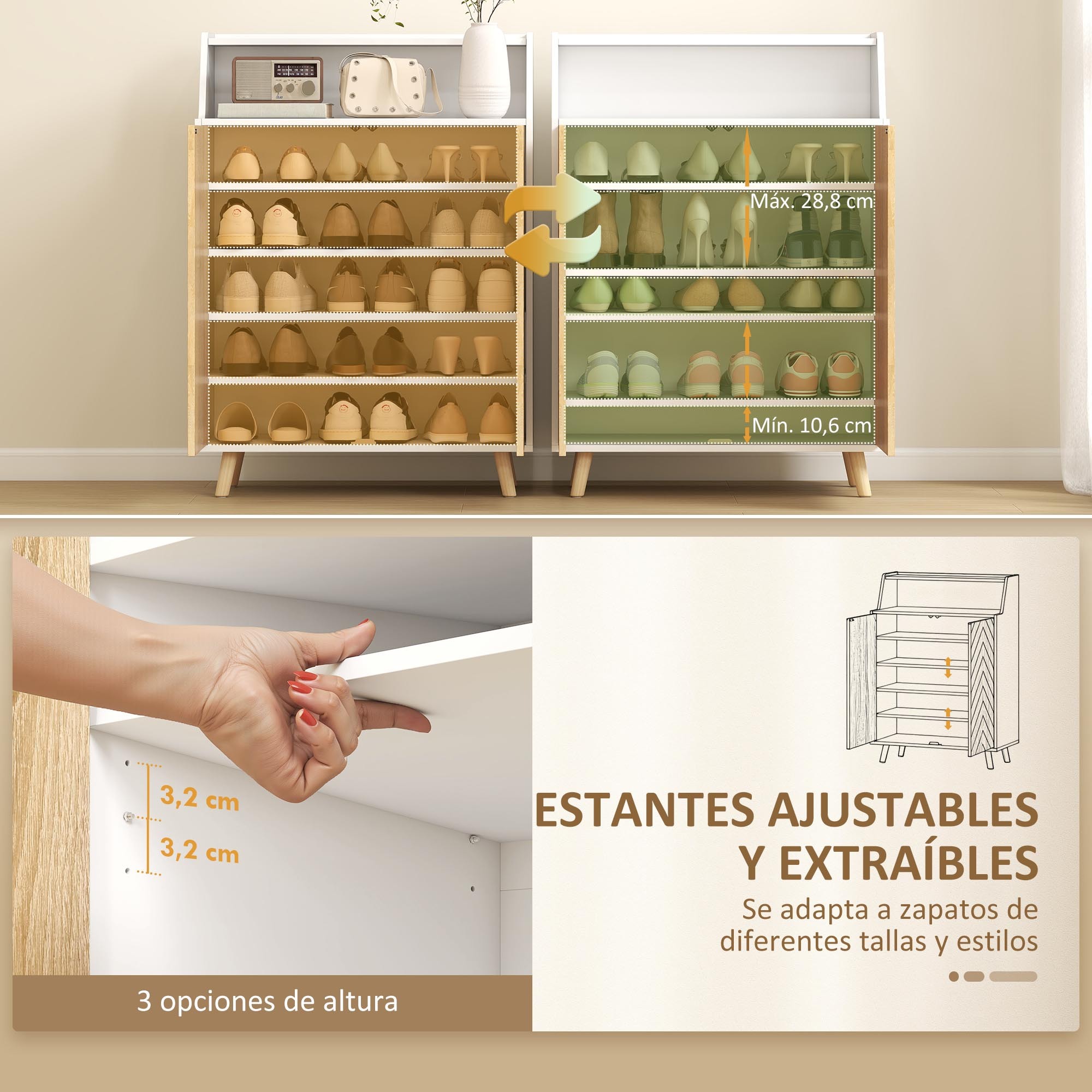 Zapatero de 2 Puertas en Espiga, Zapatero Entrada Recibidor con Estantes Ajustables, Compartimento Abierto y Patas de Madera, para 15 Pares de Zapatos, 75x35x104 cm, Blanco y Natural