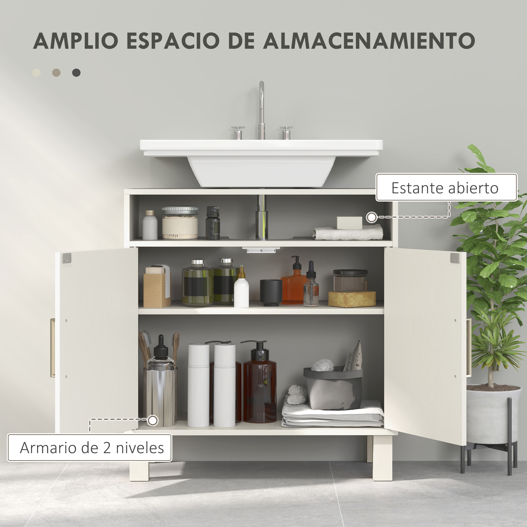 Mueble Bajo Lavabo, Mueble de Baño con Estante Ajustable para Lavabos sin Pedestal, 60x30x63 cm, Blanco Crema