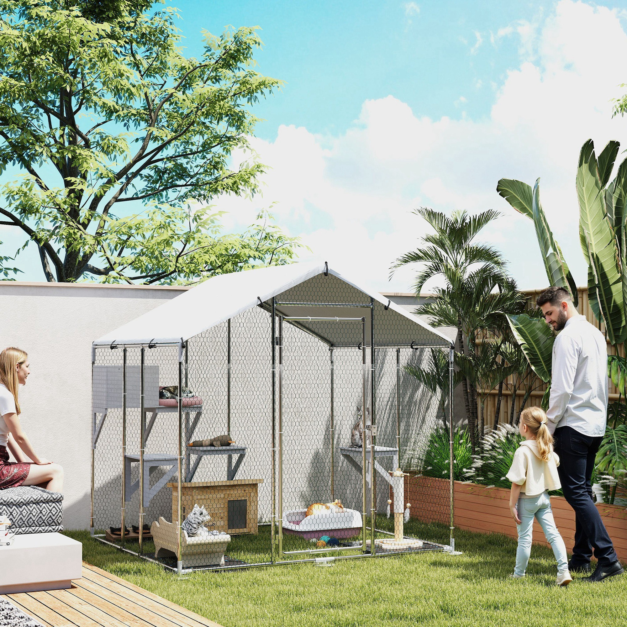 Jaula para Gatos para Exterior Recinto para Gatos con Cubierta Impermeable 420D Plataformas y Condominio para 5 Gatos Refugio para Pollos Conejos 200x170x195 cm Plata