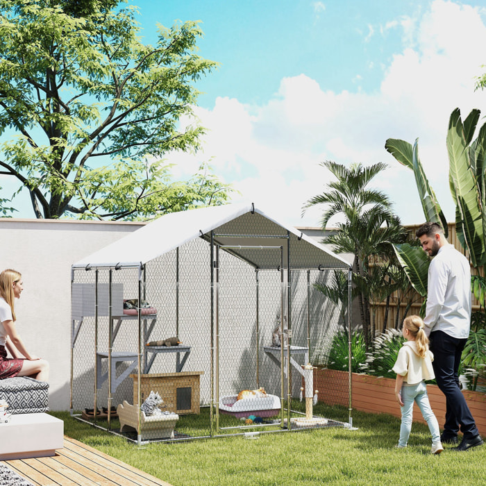 Jaula para Gatos para Exterior Recinto para Gatos con Cubierta Impermeable 420D Plataformas y Condominio para 5 Gatos Refugio para Pollos Conejos 200x170x195 cm Plata