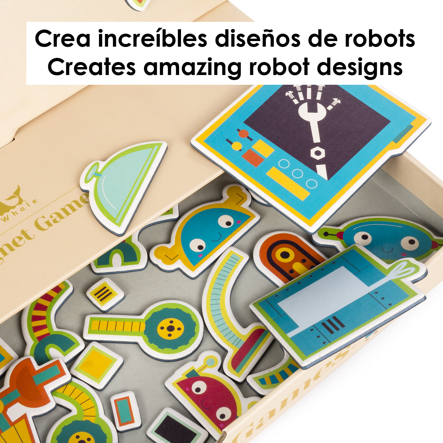 Juego magnético de creación de robots. 37 piezas de cartón magnéticas, crea increíbles diseños de robots.