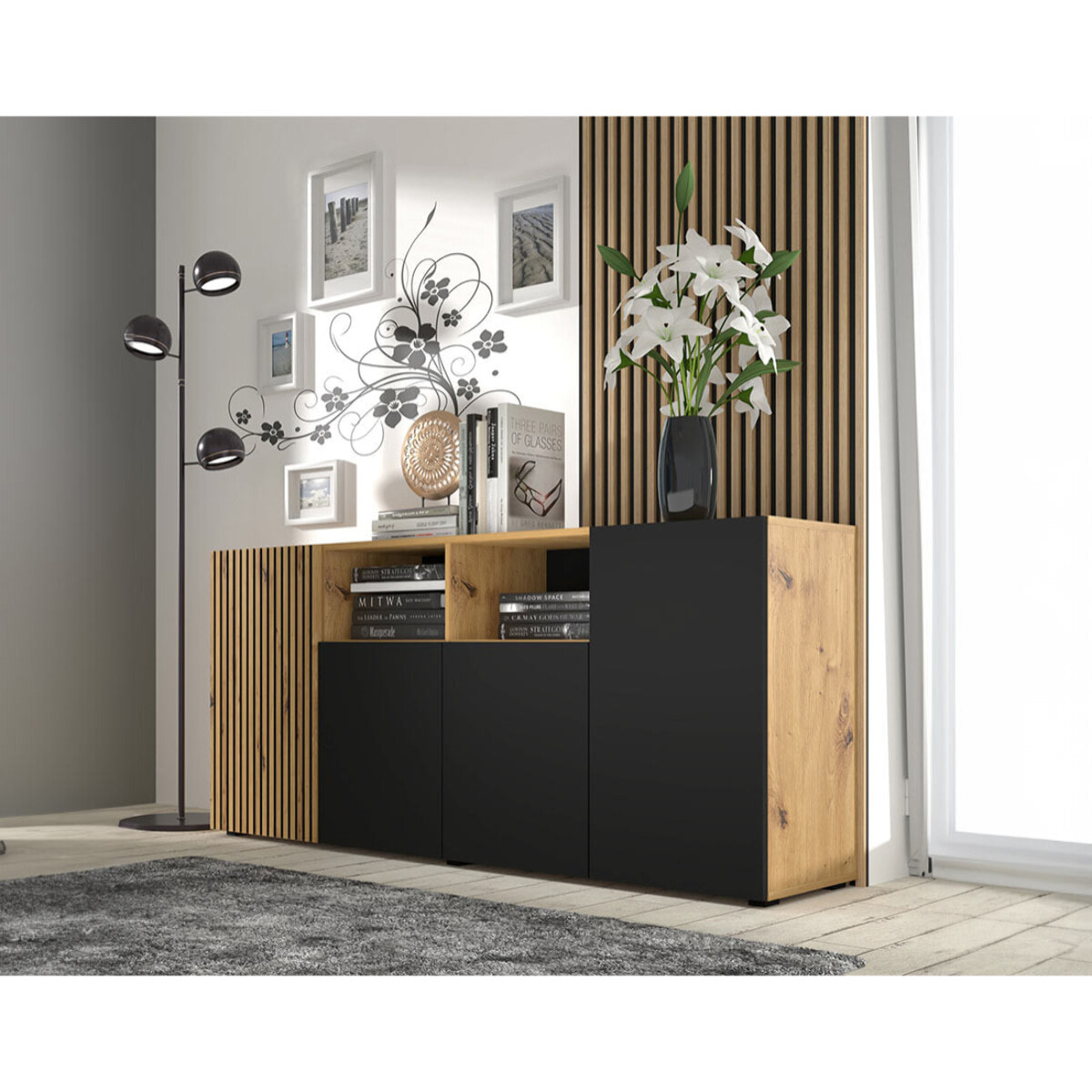 Ozzy - buffet bas - bois et noir - 180 cm - Bois / Noir