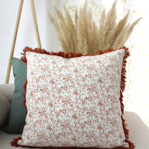 Coussin fleuri à franges - Terracotta