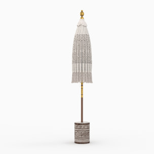 Ensemble parasol en macramé et pied de parasol en bois de suar - Fakélé