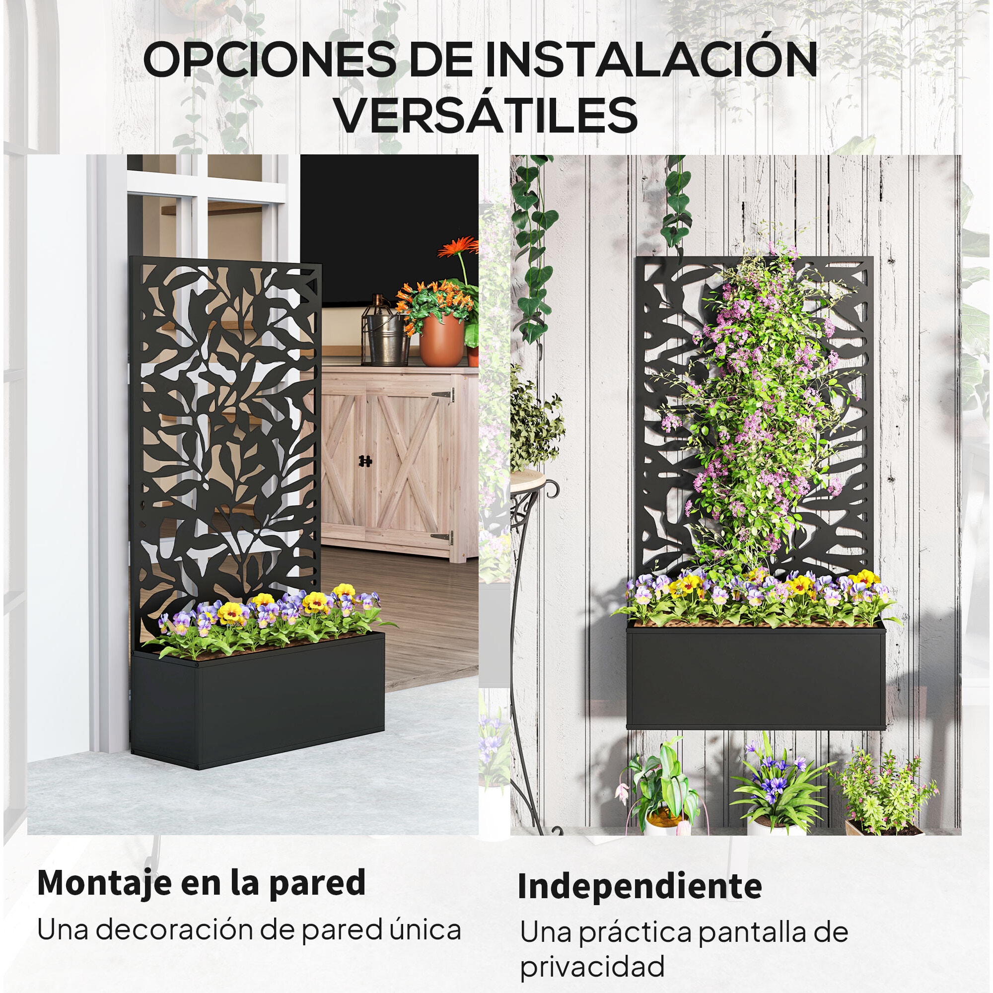 Jardinera Exterior Grande de Metal Jardinera con Pantalla de Privacidad de Hojas Sólidas Decorativas Jardinera de Pared o Independiente para Patio Terraza 61x23x113 cm Negro