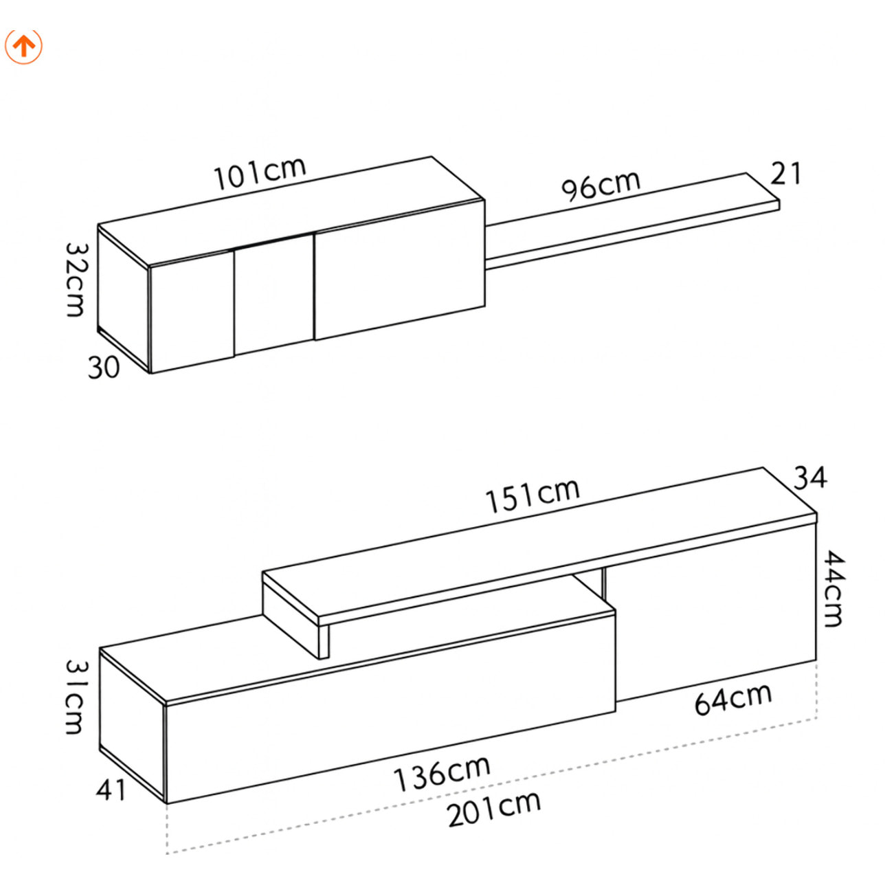 Parete Attrezzata Mobile Soggiorno TV con Mensola Pensile Salotto Base Televisione Sala Pranzo Design Moderno Reversibile 201 x 41 x 44 cm Bianco