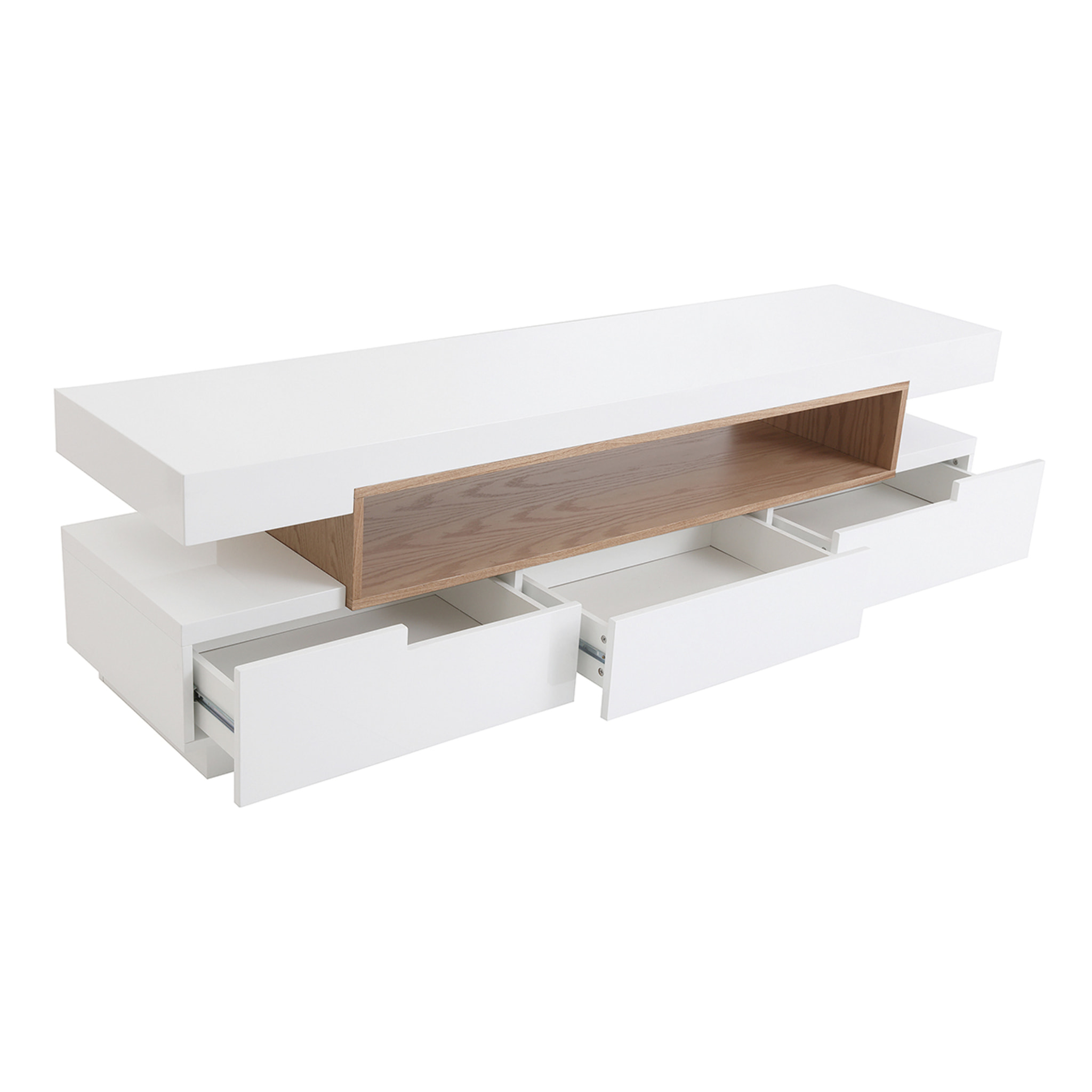 Meuble TV design blanc laqué brillant et bois L200 cm LIVO