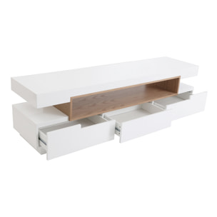 Meuble TV design blanc laqué brillant et bois L200 cm LIVO