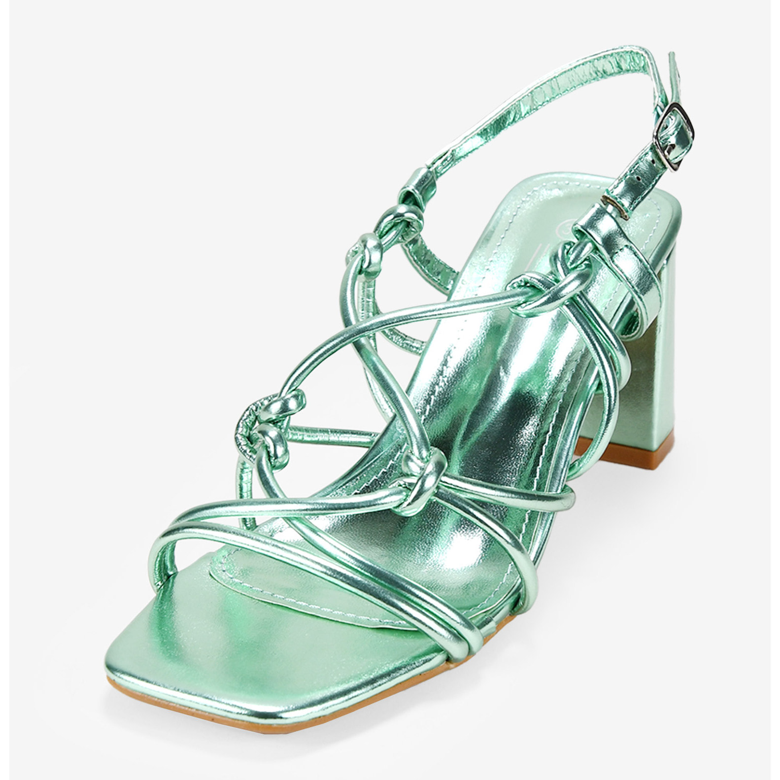 Sandalias de tacón verde metalizado con cuerdas