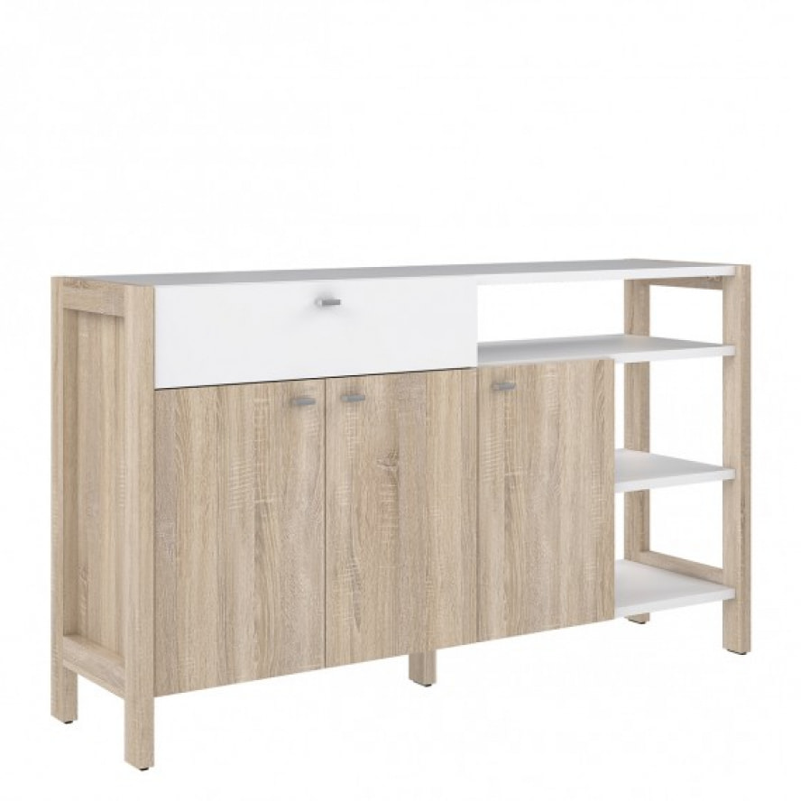 Buffet 3 portes 1 tiroir 3 étagères blanc en chêne clair - SCANDI