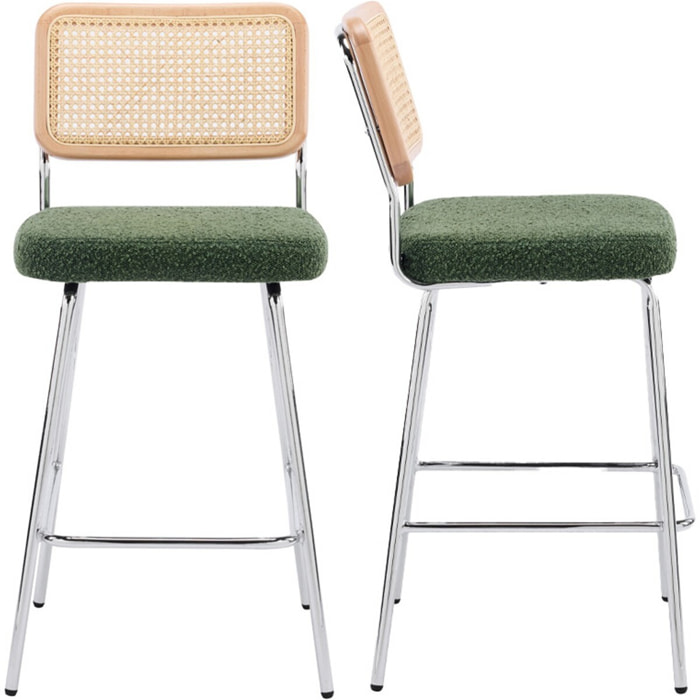 Lot de 2 chaises de bar en cannage et tissu bouclé, piètement chromé - MUSE