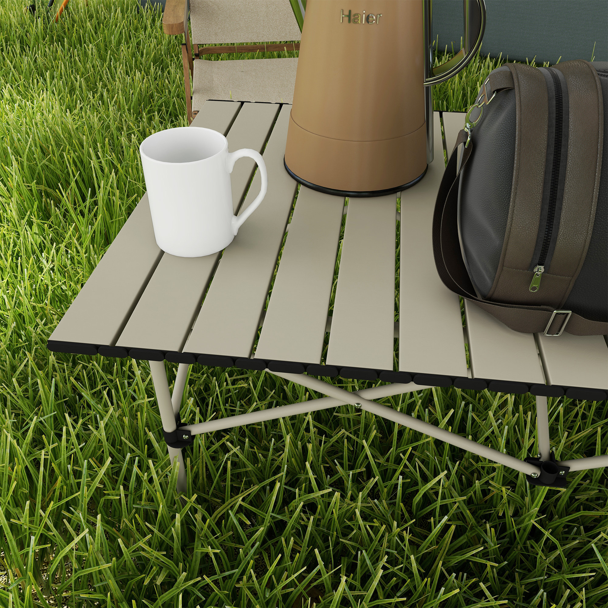 Mesa Plegable Camping de Aluminio 95x55x50 cm con Tapa Enrollable y Bolsa de Transporte Mesa de Picnic Portátil Ligera para Acampar Senderismo Playa Caqui