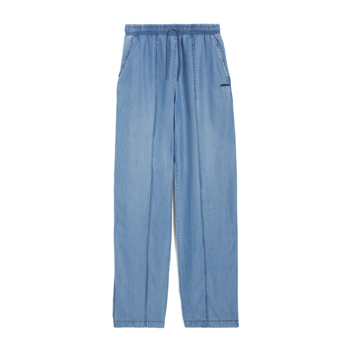 Pantaloni gamba ampia in tessuto chambray effetto denim