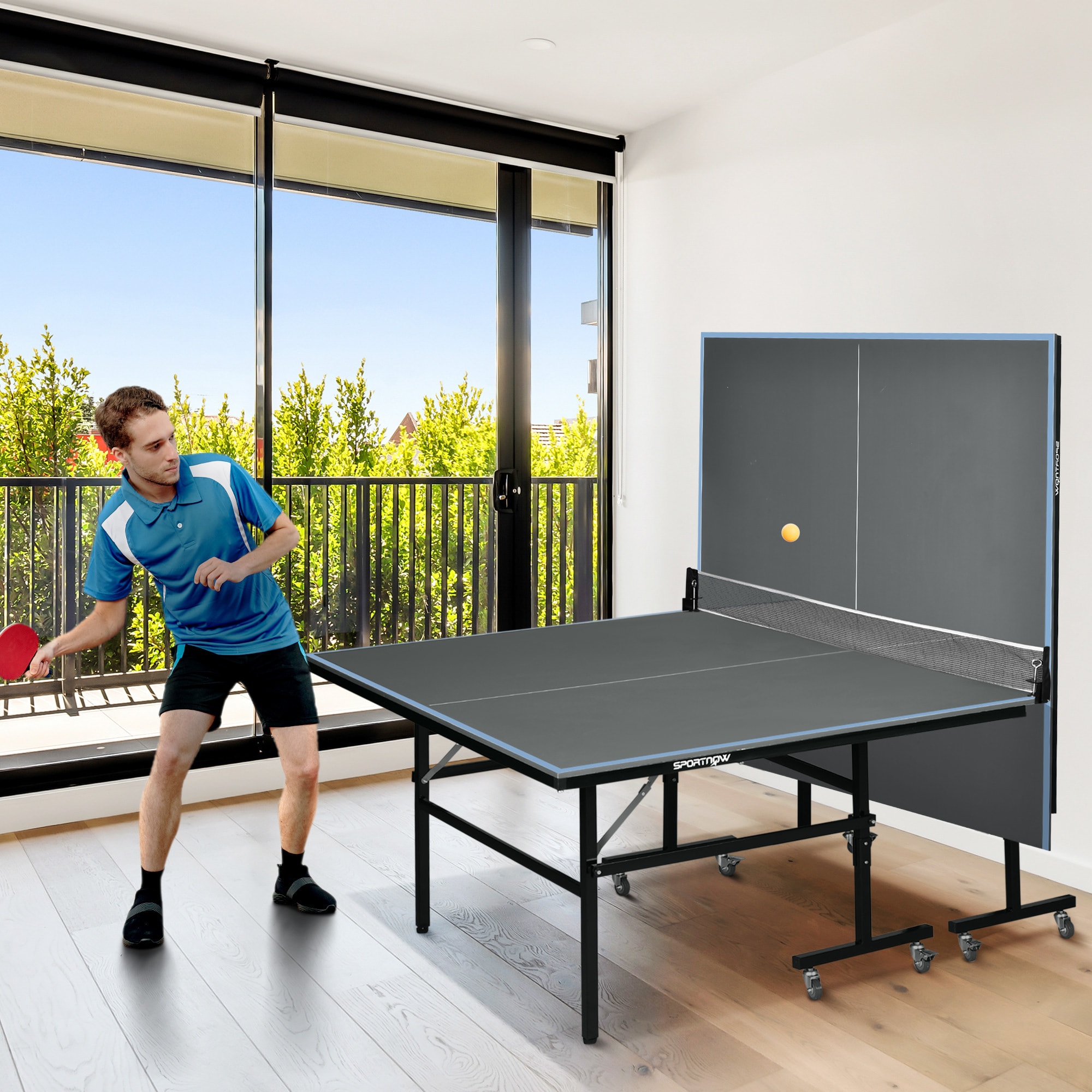 Table de ping pong tennis de table pliable 8 roues - filet, 2 raquettes, 3 balles inclus - noir gris