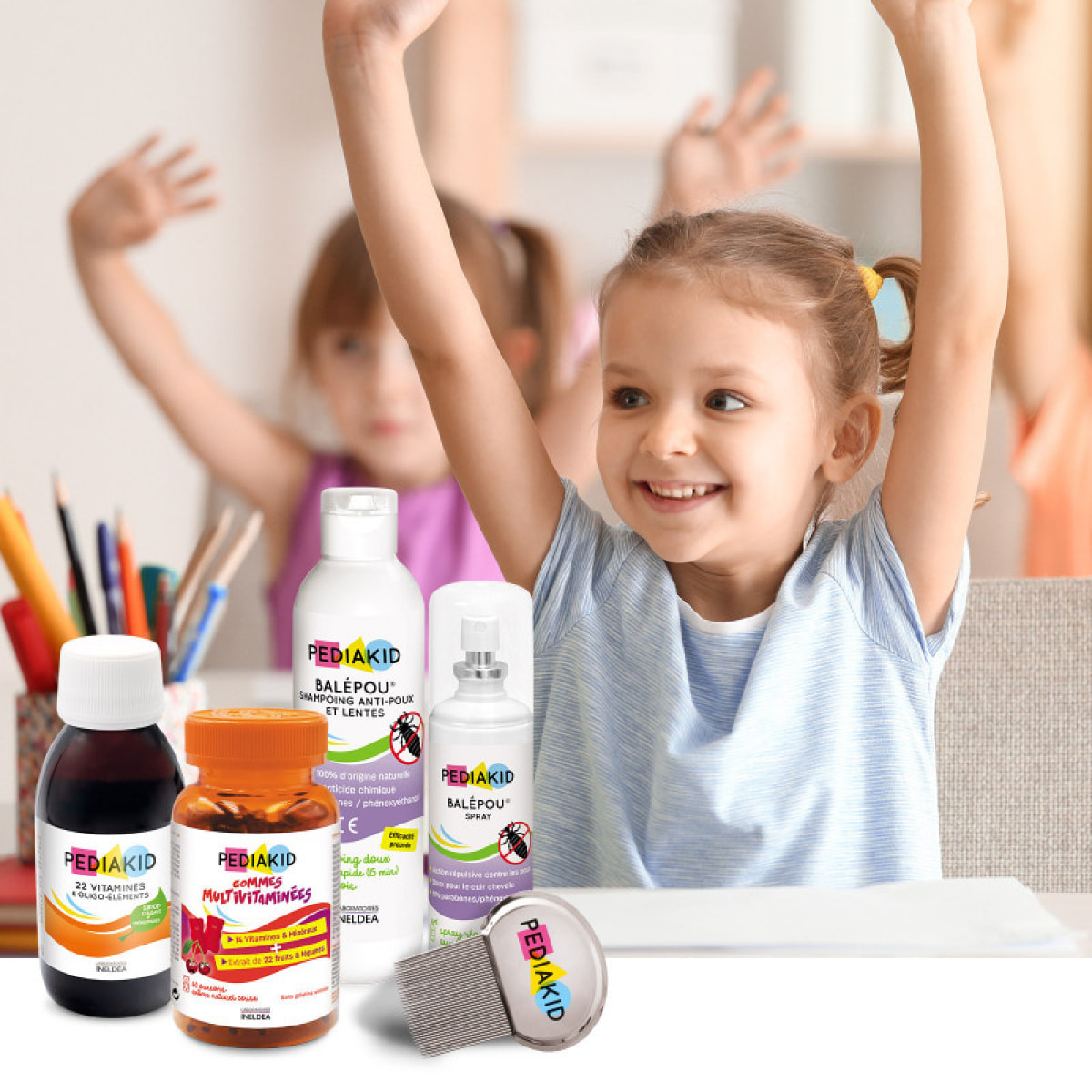 PEDIAKID - Box Rentrée des Classes - Traitement complet Balépou - Gommes multivitaminées, Sirop 22 vitamines & oligo-éléments - Forme & vitalité - Aide à prévenir les infestations de poux - Dès 3 ans