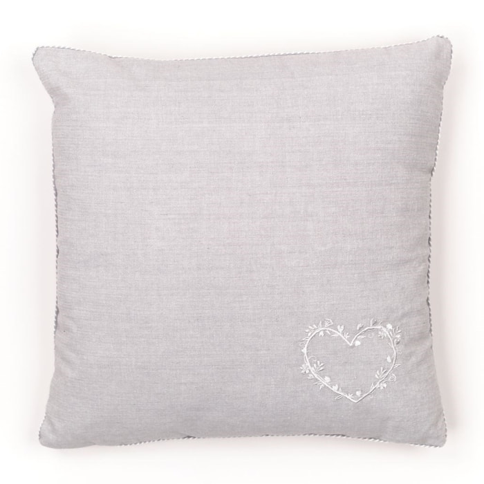 Coussin déhoussable avec broderie coton uni CHARME gris clair