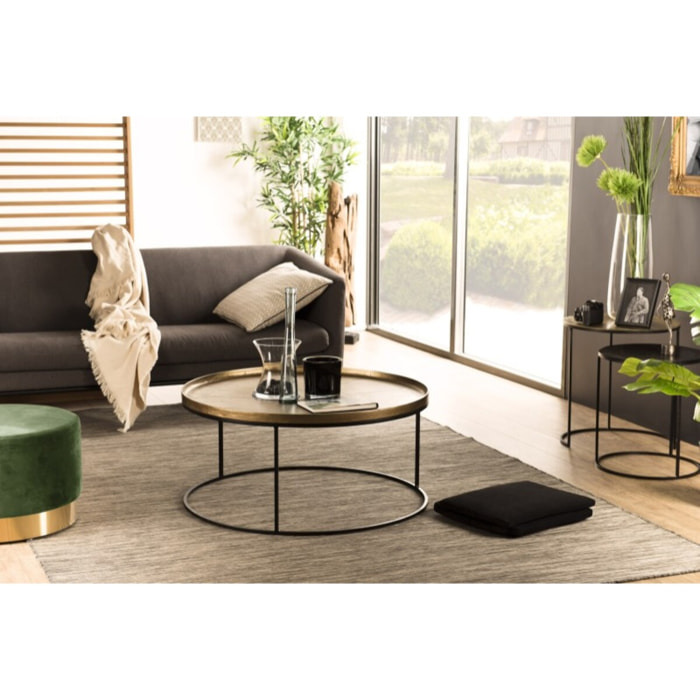 JOHAN - Table basse ronde 88x88cm aluminium doré pieds ronds métal noir
