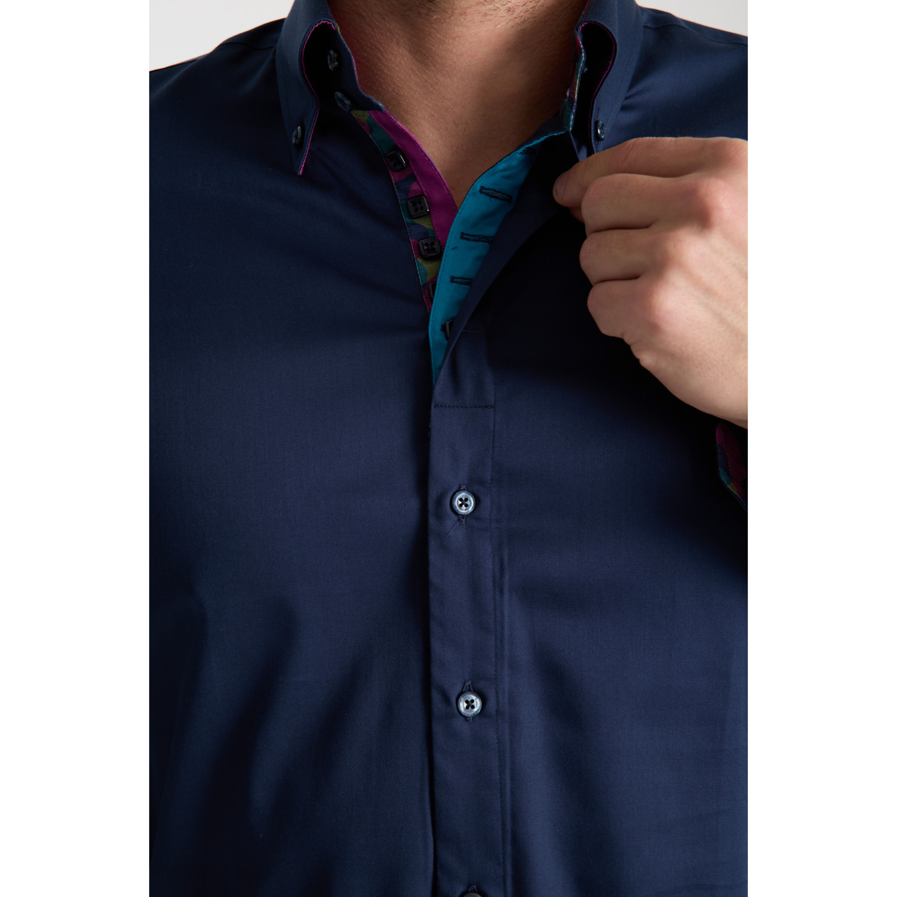 Camicia Uomo 2 Bottoni Button Down Slim Satin Unito Blu