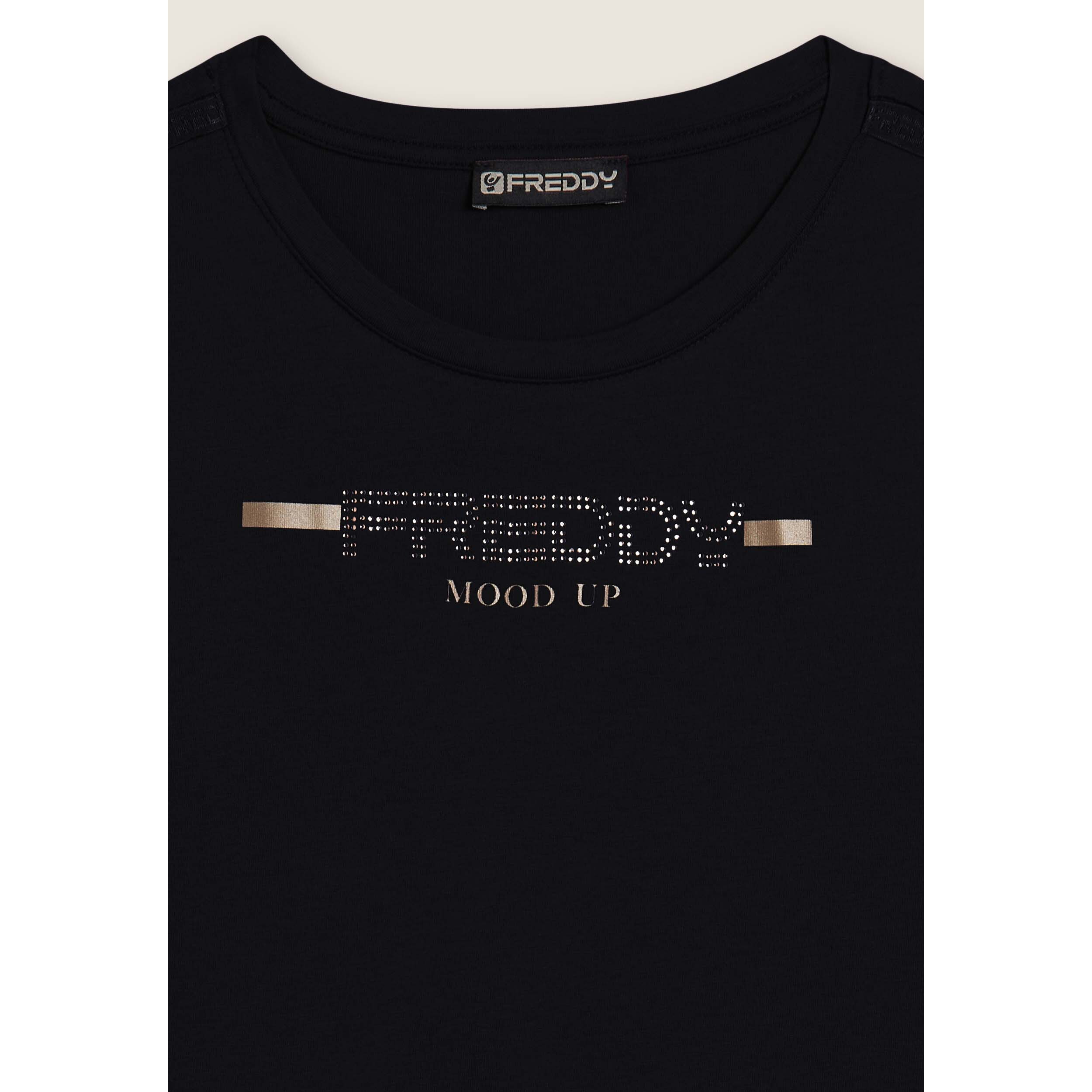 T-shirt da donna con strass e banda logata sulle spalle