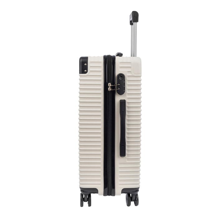 Set di 3 valigie Trolley, in materiale leggero ABS ad alta resistenza con angoli rinforzati. Chiusura a combinazione e 4 ruote doppie estraibili e girevoli a 360°.