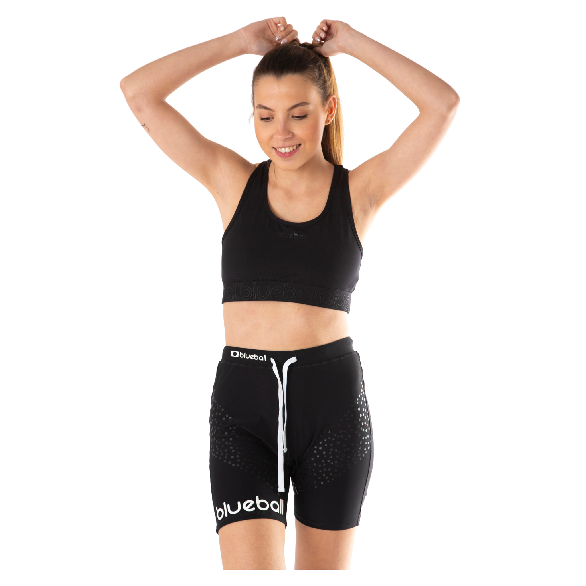 LEGGINGS DE COMPRESIÓN RUNNING PARA MUJER DE LARGO CORTO BLUEBALL EN NEGRO CON LOGO BLANCO Y CUERDAS