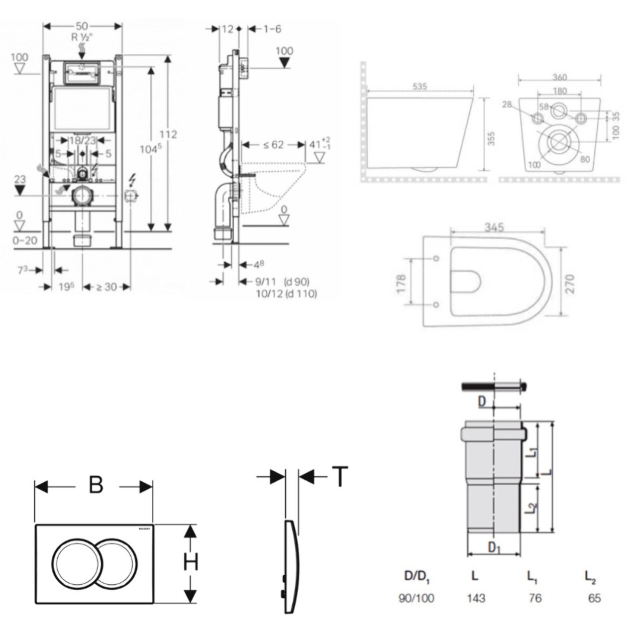 Pack WC bâti-support Duofix 112cm + WC suspendu Ceramia Vortex rimless + abattant SoftClose + plaque blanche (CETORGEB3)