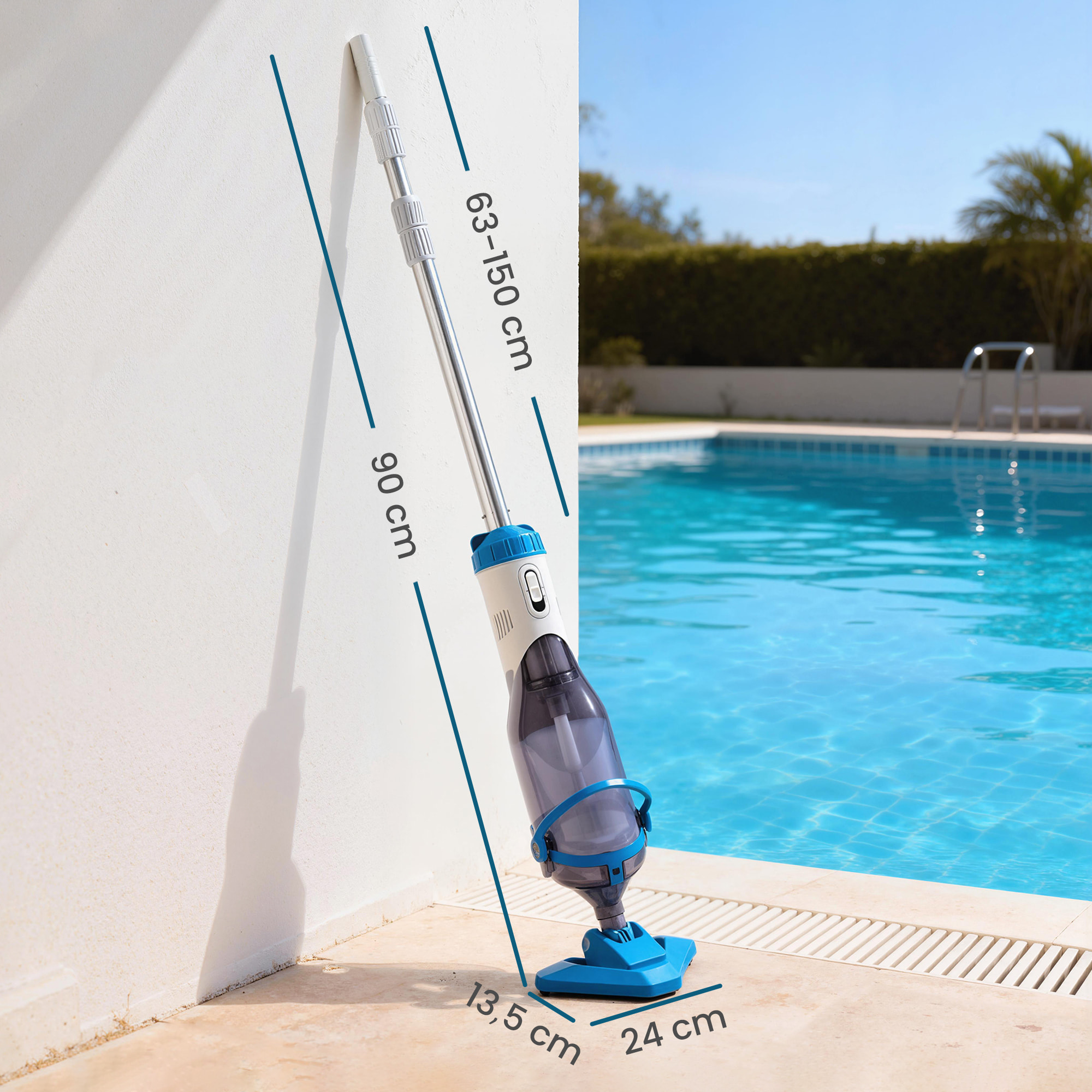 Aspirateur de piscine sans fil autonomie 60 min. 1200 l/h manche télescopique blanc bleu