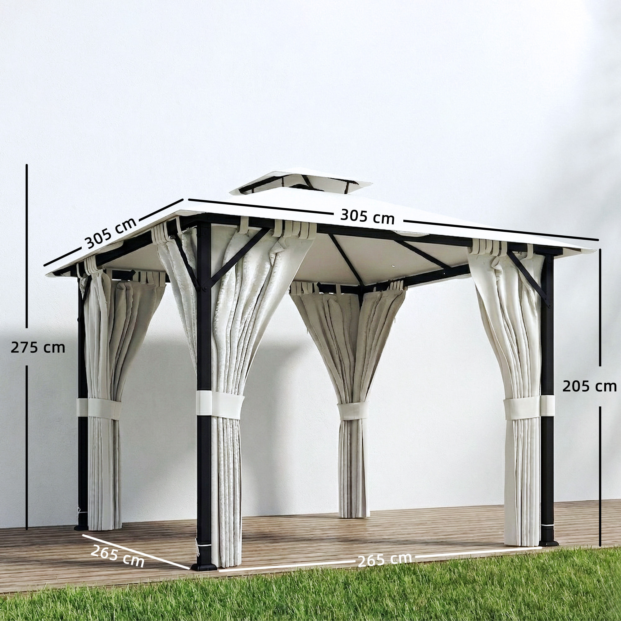 Pavillon de jardin 3x3m toit double rideaux crème