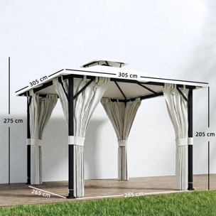 Pavillon de jardin 3x3m toit double rideaux crème
