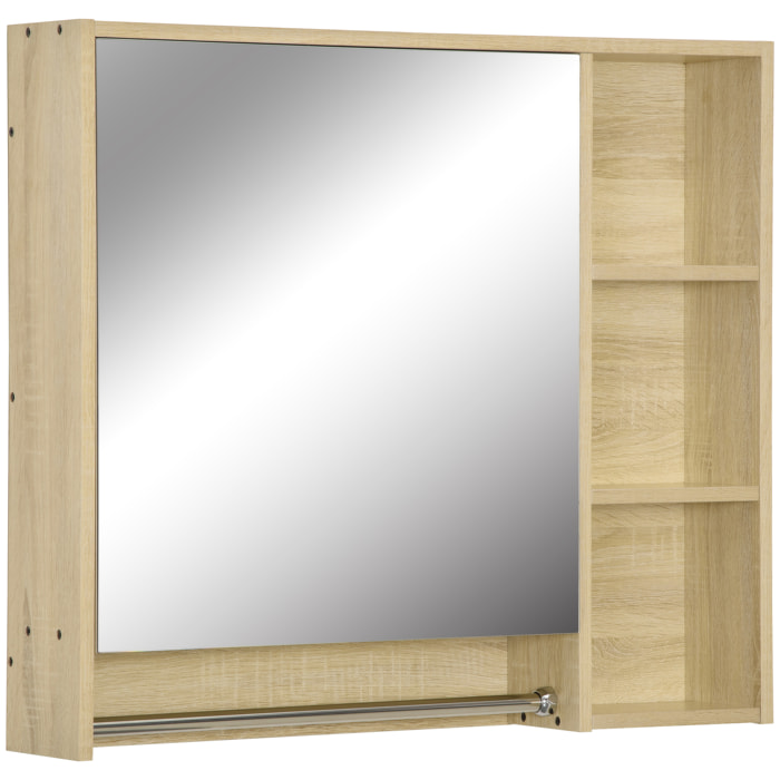 Armoire miroir murale de salle de bain - porte, 2 étagères, 3 niches, porte-serviette - aspect bois clair