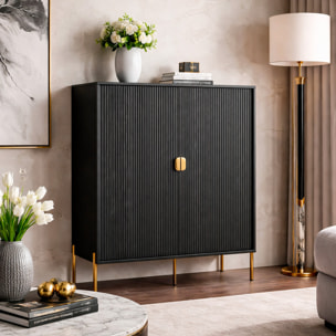 Credenza Mobile Contenitore 2 Ante Cannettate E Piedini Oro Madia Moderna con Ripiani Interni E Chiusura Soft Close 103.6 x 124 x 39.6 Cm Nero