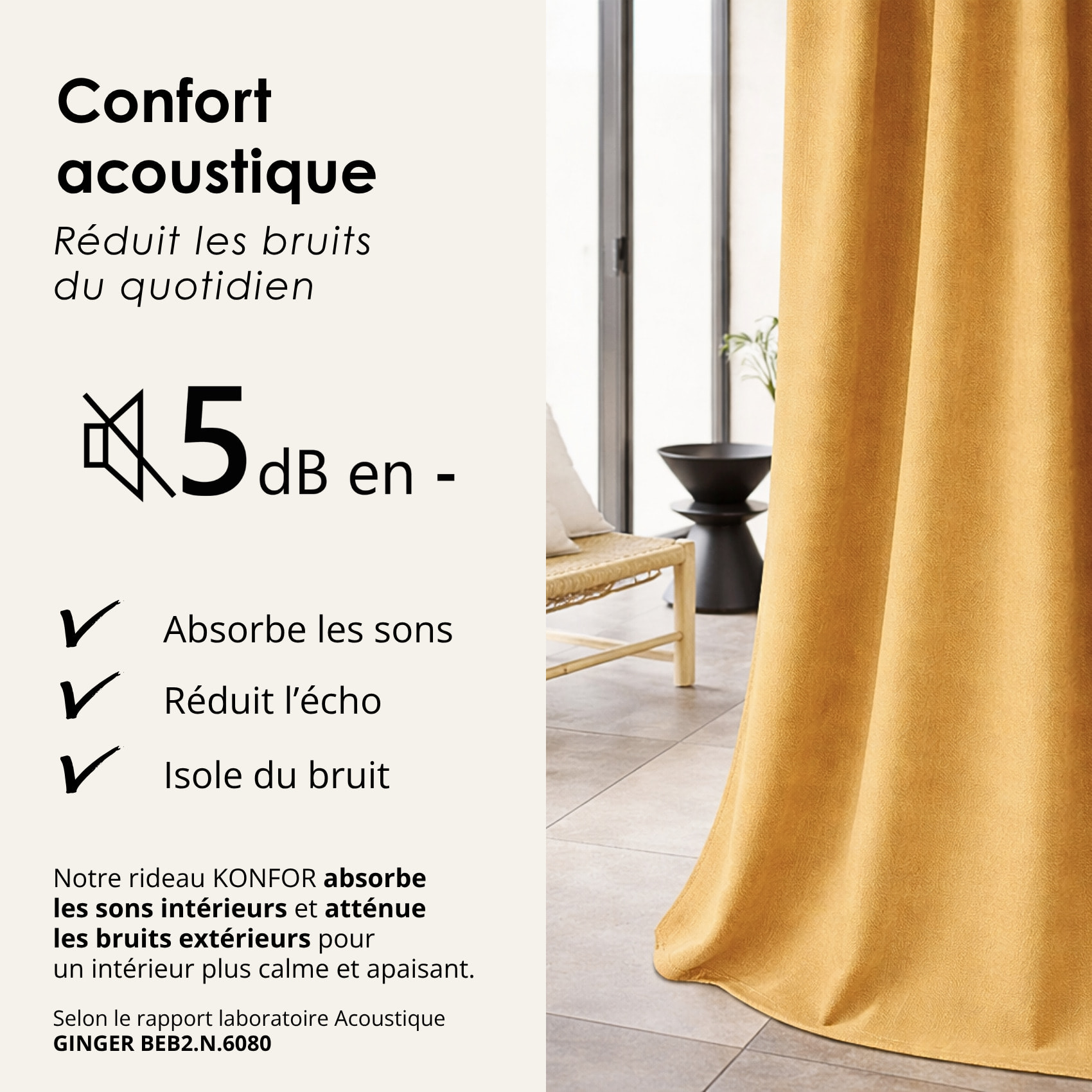 Rideau thermique phonique et semi occultant à galons fronceurs KONFOR - Jaune Ocre