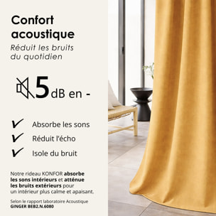 Rideau thermique phonique et semi occultant à galons fronceurs KONFOR - Jaune Ocre