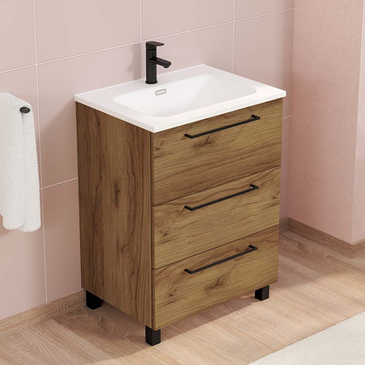 Conjunto de baño Haru | Mueble de baño con patas | 60 cm Teka| Tres cajones | Lavabo encastrado | No incluye espejo | Alday