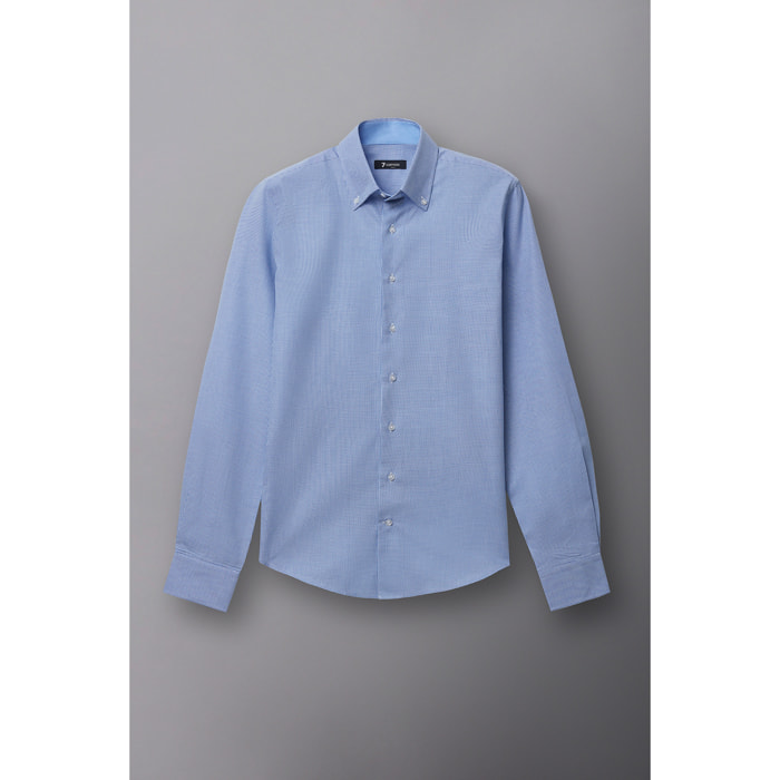 Camicia Uomo 2 Bottoni Button Down Slim Jacquard Fantasia Bianco/Celeste