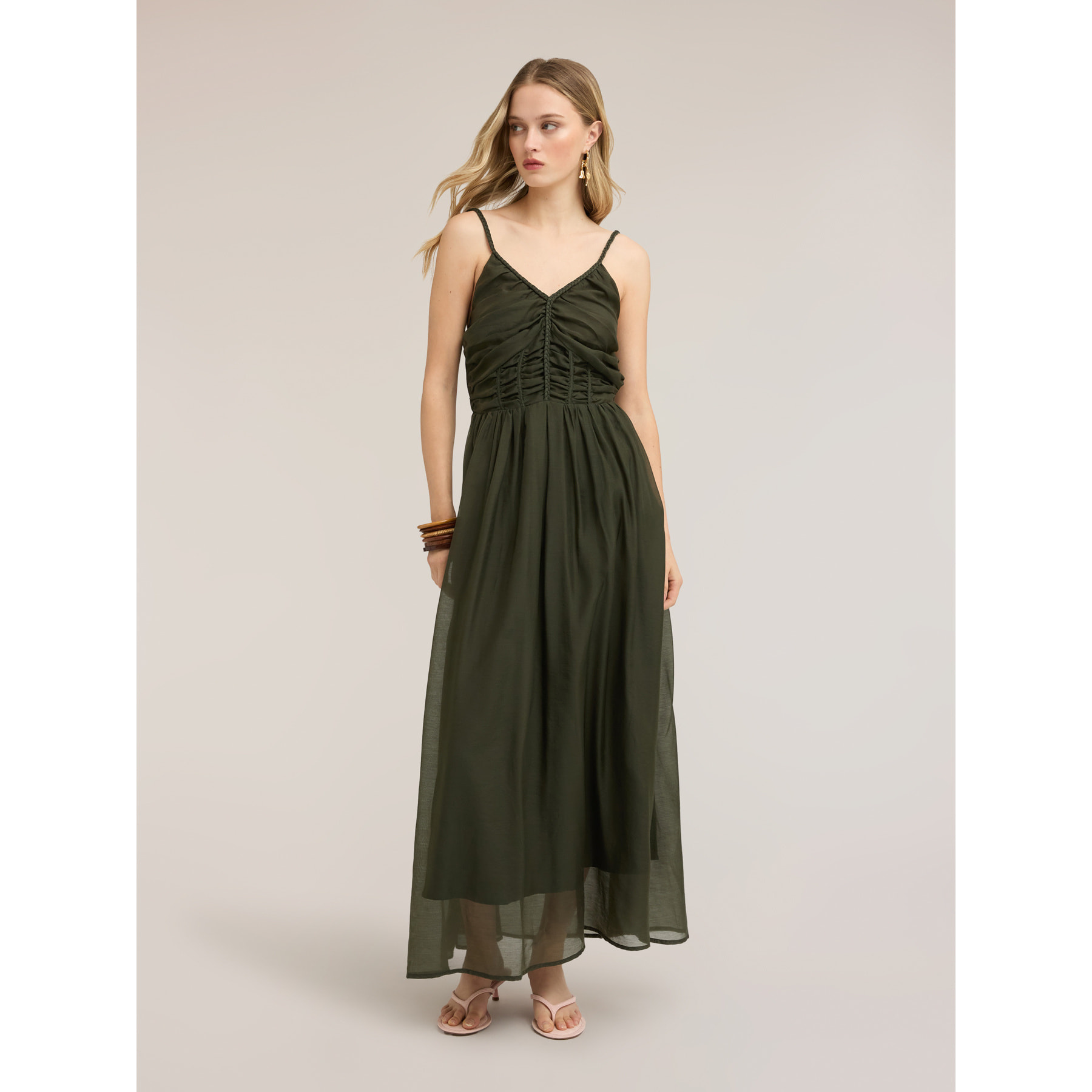 Motivi - Vestito lungo in mussola misto lyocell - Verde militare