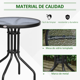 Mesa de Jardín Redonda Encimera de Vidrio Templado Marco de Metal Ø60x70cm Negro