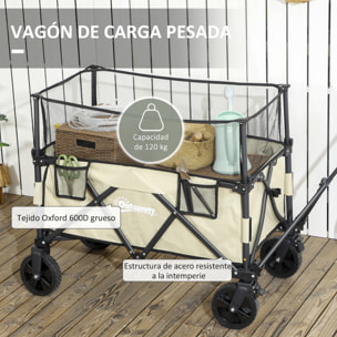 Carro de Jardín 180 L Carro Plegable con Longitud y Ángulo del Mango Ajustables y Paredes Laterales Extensibles Carga 120 kg para Patio Playa Caqui